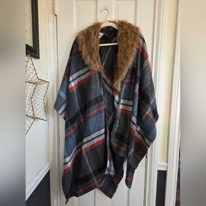 Merona Plaid Poncho with Faux Fur Removable Collar - Gray, Black, Red